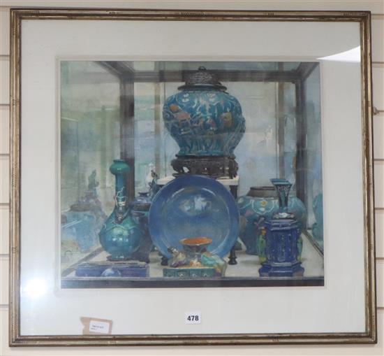 D. Freeman (early 20th century), still life of Chinese ceramics in a display case, signed, 44.5 x 52cm